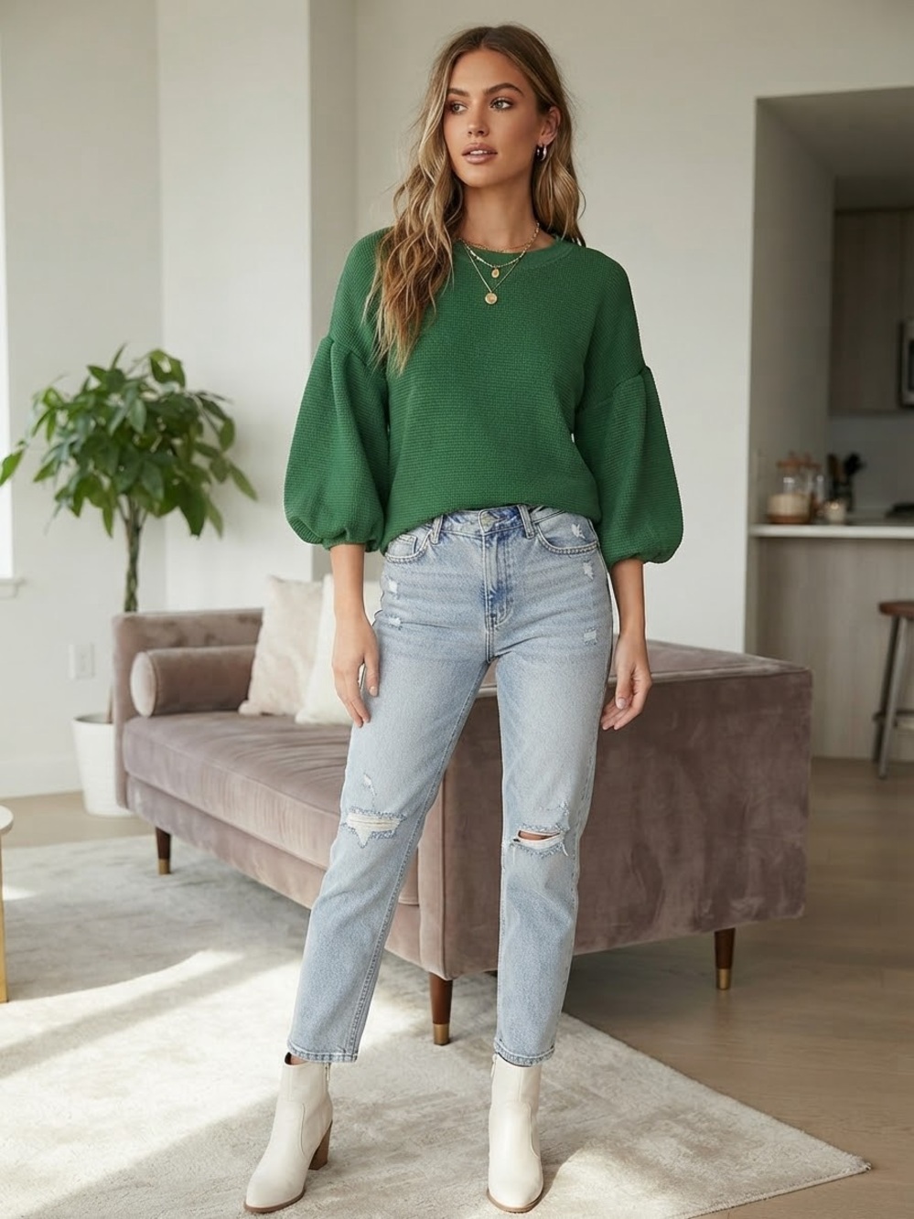 Moda International Victoria's Secret Green Waffle Knit Balloon Sleeve Sweater L